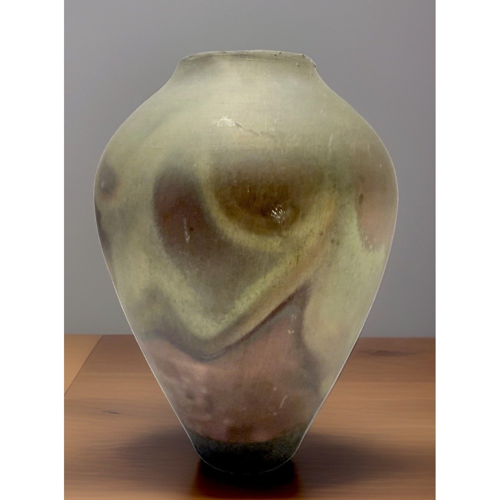 Raku Pottery Vase Iridescent Metallic Smokey MCM Decor 7.5" Signed VTG Retro